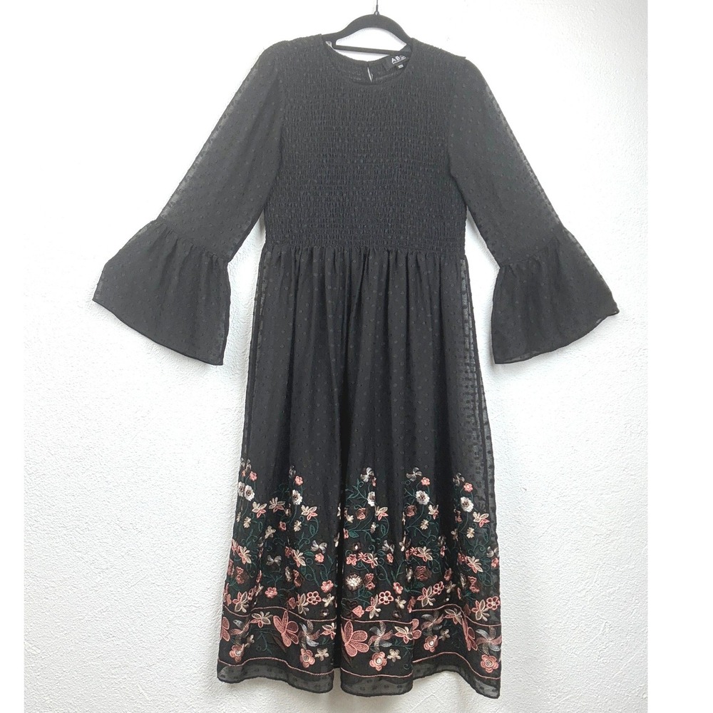 A.B.S. Collection Black Embroidered Midi Dress - M - Smocked Bell Sleeve Boho